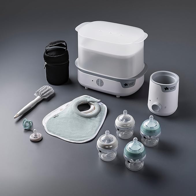 Tommee Tippee Complete Feeding Set, White, with Electric Steam Steriliser, Newborn Self-Sterilising Baby Bottles and Easiwarm Bottle Warmer, Essential for Parents with Newborns