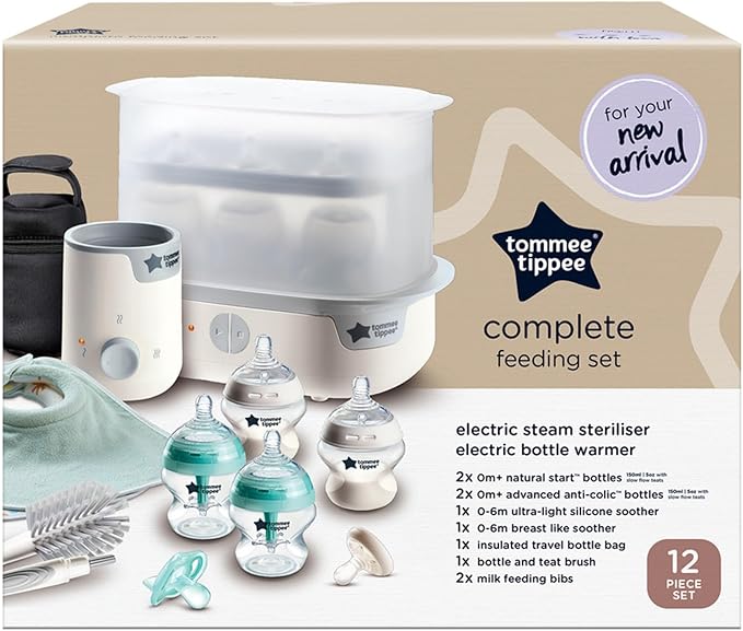 Tommee Tippee Complete Feeding Set, White, with Electric Steam Steriliser, Newborn Self-Sterilising Baby Bottles and Easiwarm Bottle Warmer, Essential for Parents with Newborns