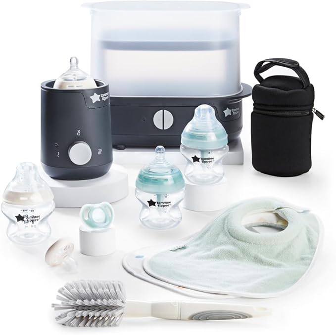 Tommee Tippee Complete Feeding Set, White, with Electric Steam Steriliser, Newborn Self-Sterilising Baby Bottles and Easiwarm Bottle Warmer, Essential for Parents with Newborns