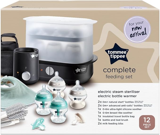 Tommee Tippee Complete Feeding Set, White, with Electric Steam Steriliser, Newborn Self-Sterilising Baby Bottles and Easiwarm Bottle Warmer, Essential for Parents with Newborns
