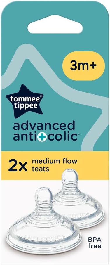 Tommee Tippee Advanced Anti-Colic Baby Bottle Teats, Medium Flow for 3m+, Pack of 2 Breast-Like Teats for a Natural Latch, BPA Free Soft Silicone