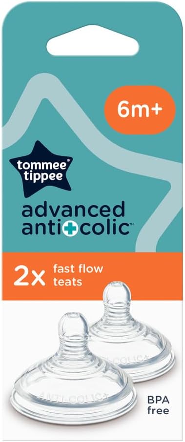 Tommee Tippee Advanced Anti-Colic Baby Bottle Teats, Fast Flow for 6m+, Pack of 2 Breast-Like Teats for a Natural Latch, BPA Free Soft Silicone