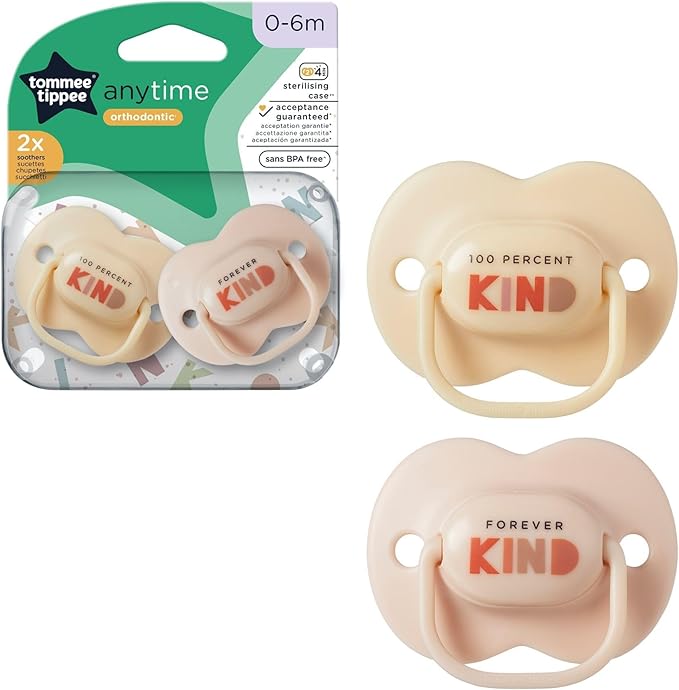 Tommee Tippee Anytime Dummies, Symmetrical Orthodontic Design, BPA-Free Silicone, Pack of 2, Colours May Vary