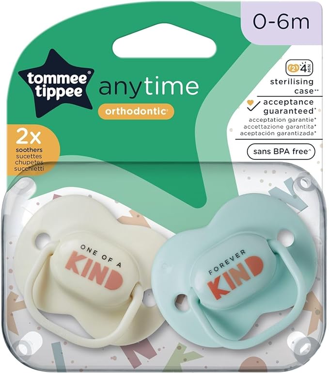 Tommee Tippee Anytime Dummies, Symmetrical Orthodontic Design, BPA-Free Silicone, Pack of 2, Colours May Vary