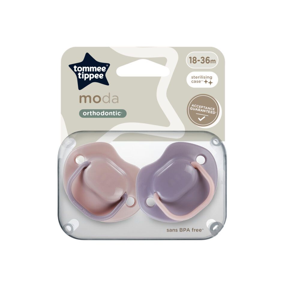 Tippee Moda Soothers, Symmetrical Orthodontic Design, BPA-Free Silicon, Pack of 2 Dummies, Designs may vary