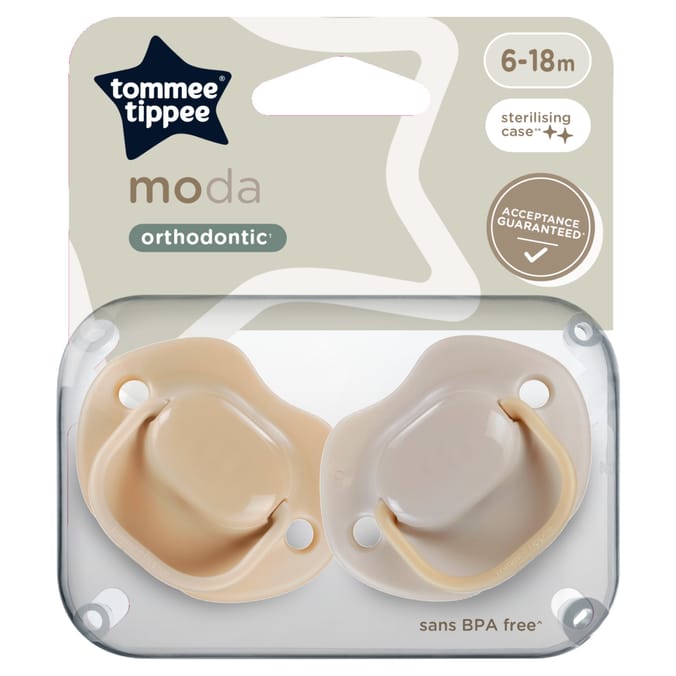 Tippee Moda Soothers, Symmetrical Orthodontic Design, BPA-Free Silicon, Pack of 2 Dummies, Designs may vary