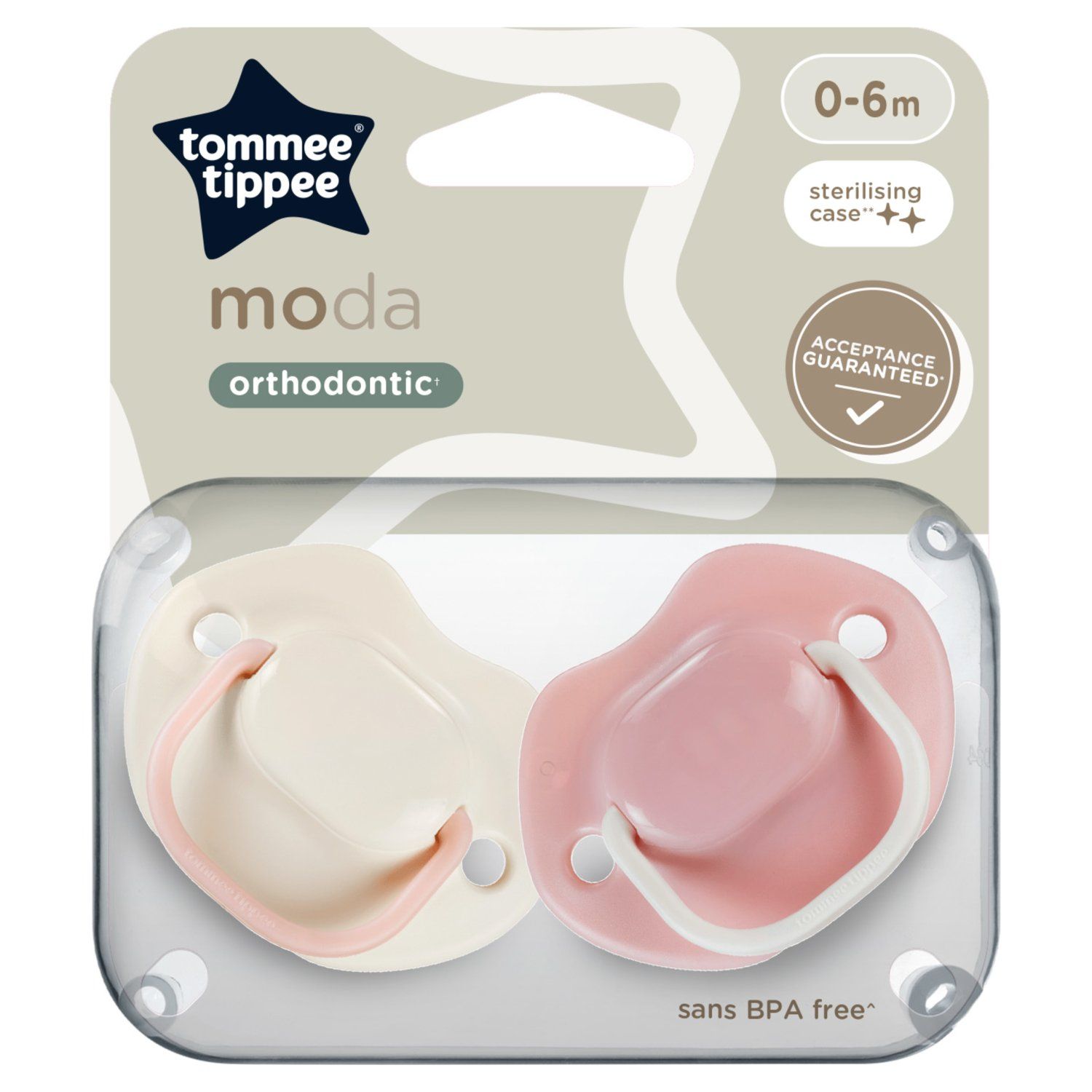 Tippee Moda Soothers, Symmetrical Orthodontic Design, BPA-Free Silicon, Pack of 2 Dummies, Designs may vary
