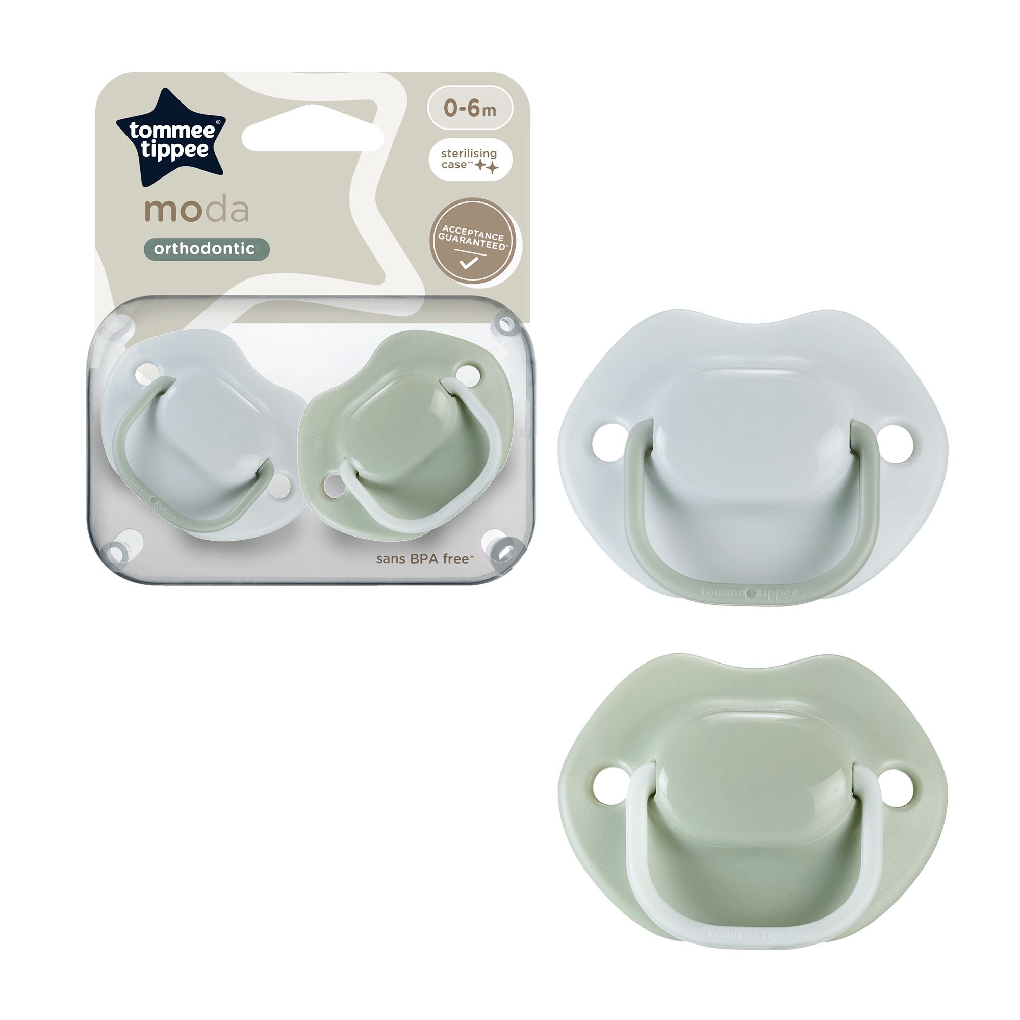 Tippee Moda Soothers, Symmetrical Orthodontic Design, BPA-Free Silicon, Pack of 2 Dummies, Designs may vary