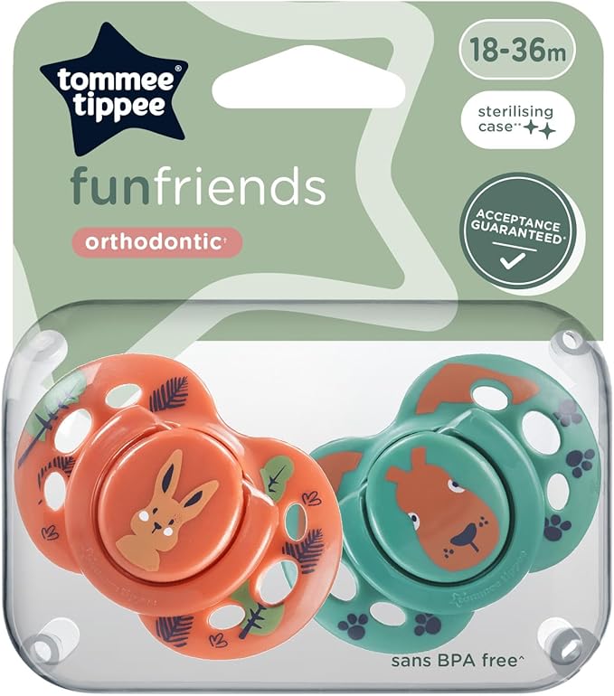 Tommee Tippee Fun Soother, 18-36 Months, 2 Pack, BPA Free, Reusable steriliser pod, Assorted Colours