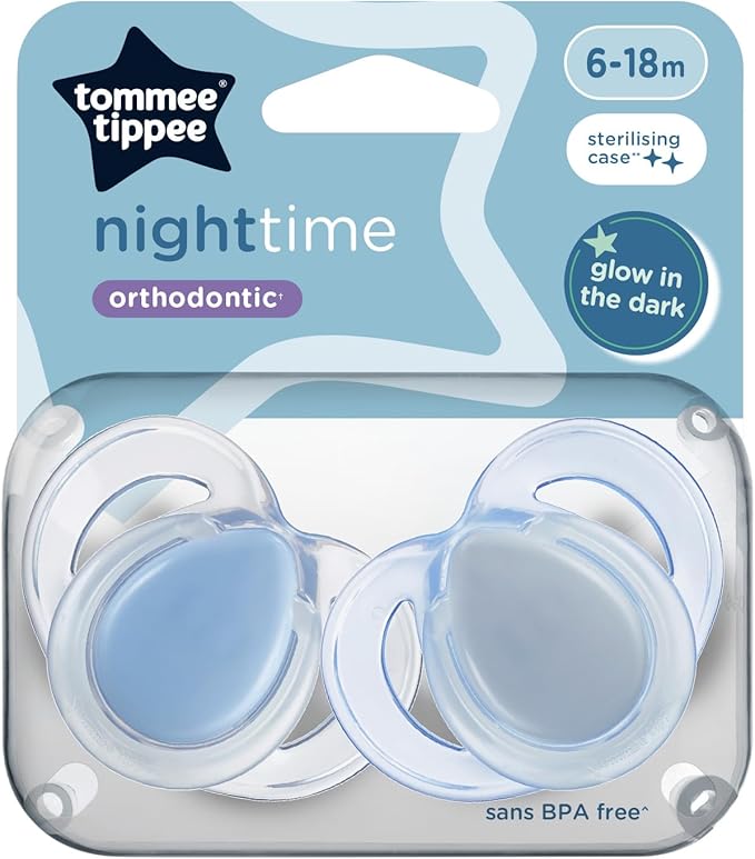 Tommee Tippee Nighttime Dummies, 2 Pack of Glow in The Dark soothers with Reusable steriliser pod, Assorted Colours