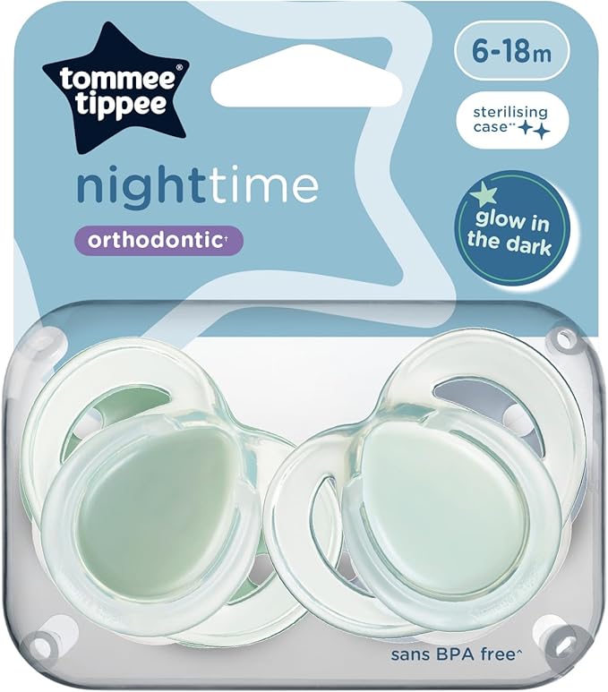 Tommee Tippee Nighttime Dummies, 2 Pack of Glow in The Dark soothers with Reusable steriliser pod, Assorted Colours