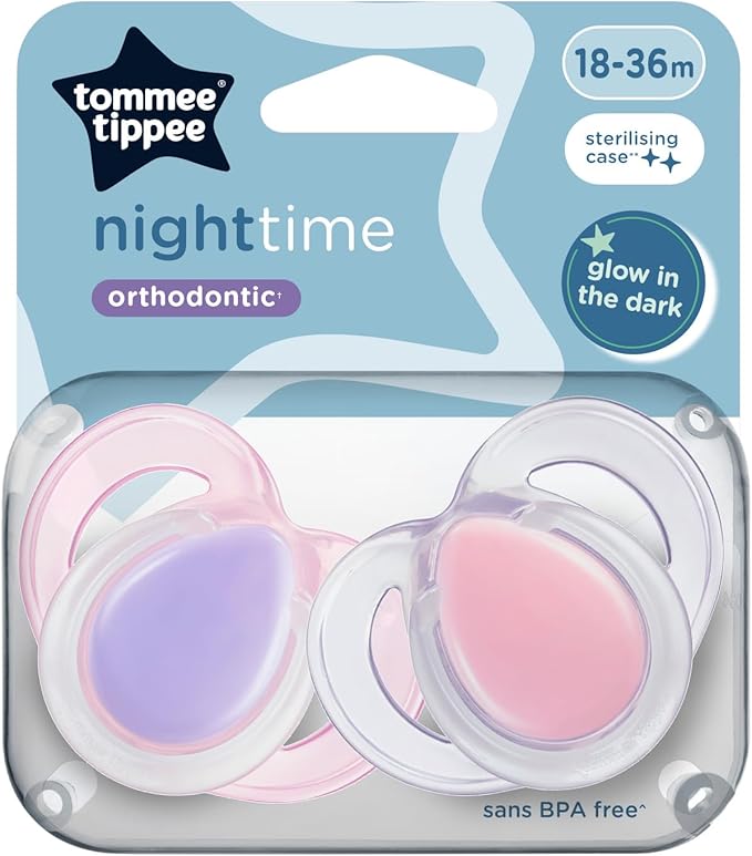 Tommee Tippee Nighttime Dummies, 2 Pack of Glow in The Dark soothers with Reusable steriliser pod, Assorted Colours