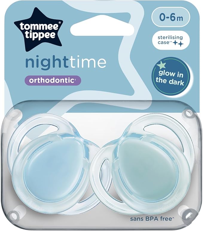 Tommee Tippee Nighttime Dummies, 2 Pack of Glow in The Dark soothers with Reusable steriliser pod, Assorted Colours
