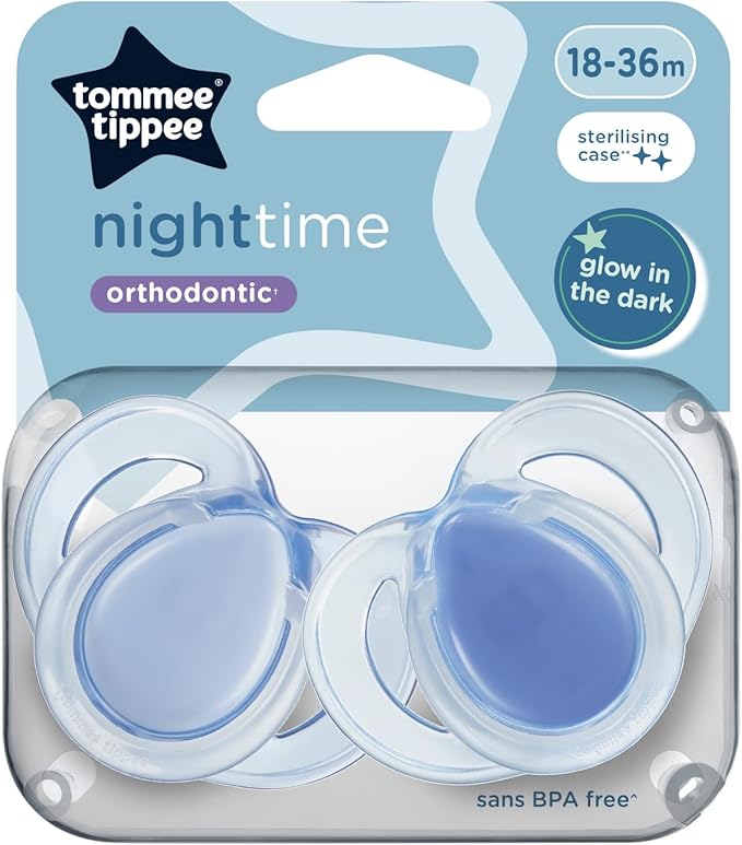 Tommee Tippee Nighttime Dummies, 2 Pack of Glow in The Dark soothers with Reusable steriliser pod, Assorted Colours