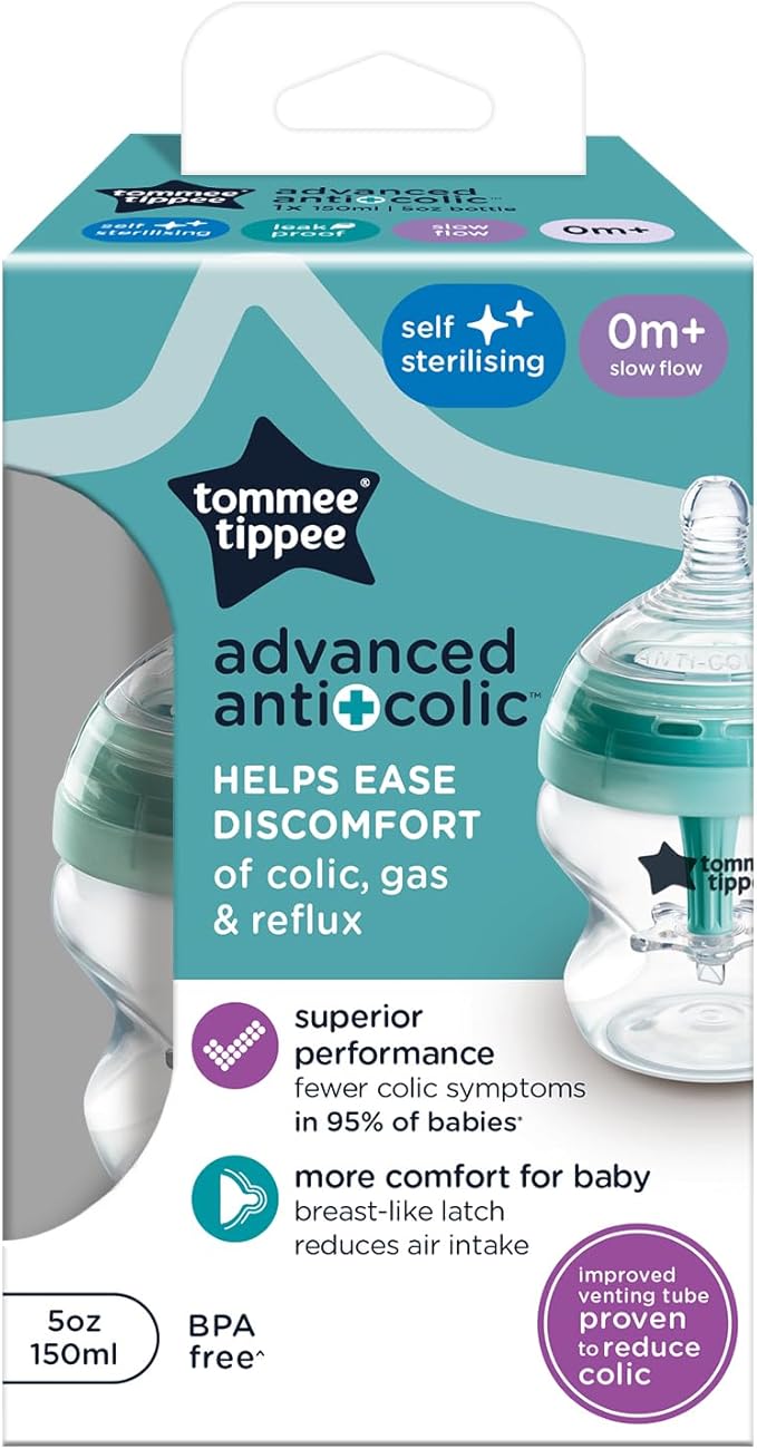 Tommee Tippee Baby Bottles, Natural Start Anti-Colic Baby Bottle with Slow Flow Breast-Like Teat, 150ml, 0m+, Self-Sterilising, Baby Feeding Essentials, Pack of 1