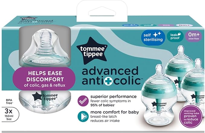 Tommee Tippee Baby Bottles, Advanced Anti-Colic Baby Bottle with Slow Flow Breast-Like Teat, 150ml, 0m+, Self-Sterilising, Baby Feeding Essentials, Pack of 3