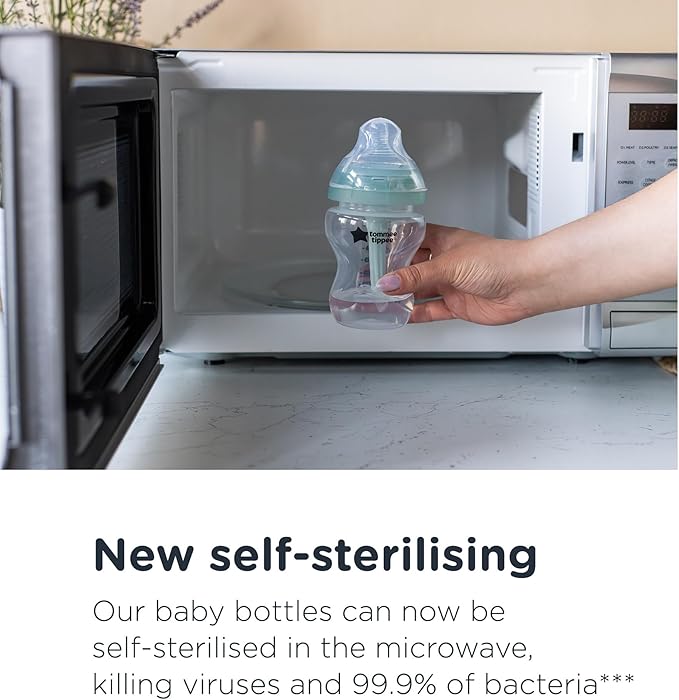 Tommee Tippee Baby Bottles, Advanced Anti-Colic Baby Bottle with Slow Flow Breast-Like Teat, 150ml, 0m+, Self-Sterilising, Baby Feeding Essentials, Pack of 3