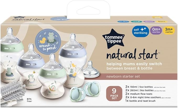 Tommee Tippee Natural Start Newborn Starter Set, 150ml and 260ml Anti-Colic Baby Bottles with Slow Teat Included, Slow & Medium-Flow Breast-Like Teats for a Natural Latch, Self-Sterilising
