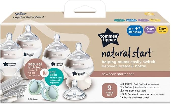 Tommee Tippee Natural Start Newborn Starter Set, 150ml and 260ml Anti-Colic Baby Bottles with Slow Teat Included, Slow & Medium-Flow Breast-Like Teats for a Natural Latch, Self-Sterilising