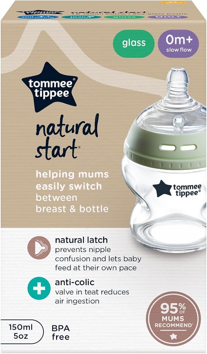 Tommee Tippee Baby Bottles, Natural Start Glass Anti-Colic Baby Bottle with Slow Flow Breast-Like Teat, 150ml, 0m+, Self-Sterilising, Baby Feeding Essentials, Pack of 1