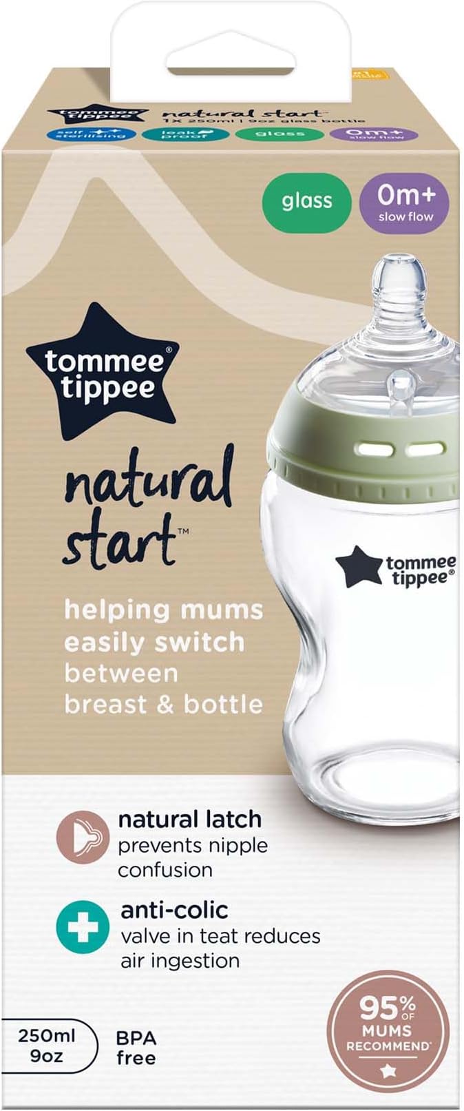 Tommee Tippee Baby Bottles, Natural Start Glass Anti-Colic Baby Bottle with Slow Flow Breast-Like Teat, 150ml, 0m+, Self-Sterilising, Baby Feeding Essentials, Pack of 1