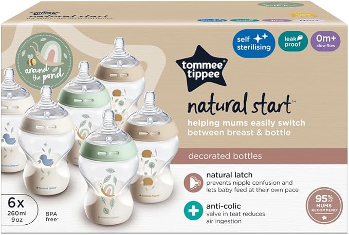 Tommee Tippee Natural Start Baby Bottles for 0m+, Pack of 6 260ml Baby Bottles, with Slow Flow Breast-Like Teat for a Natural Latch, Self-Sterilising and BPA Free, Baby Feeding Essentials, Pond
