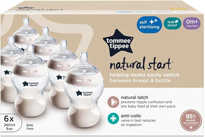 Tommee Tippee Natural Start Baby Bottles for 0m+, Pack of 6 260ml Baby Bottles, with Slow Flow Breast-Like Teat for a Natural Latch, Self-Sterilising and BPA Free, Baby Feeding Essentials, Pond