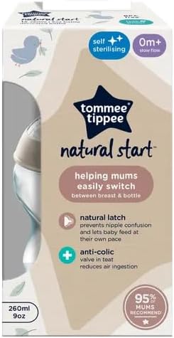 Tommee Tippee Baby Bottles, Natural Start Anti-Colic Baby Bottle with Slow Flow Breast-Like Teat, 260ml, 0m+, Self-Sterilising, Baby Feeding Essentials, Pond, Pack of 1