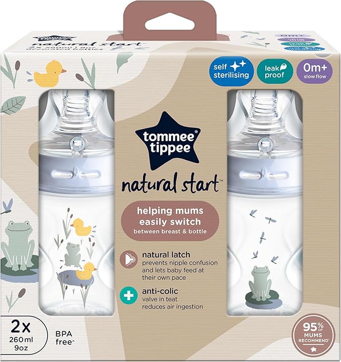 Tommee Tippee Baby Bottles, Natural Start Anti-Colic Baby Bottle with Slow Flow Breast-Like Teat, 260ml, 0m+, Self-Sterilising, Baby Feeding Essentials, Pink & Blue, Pack of 2