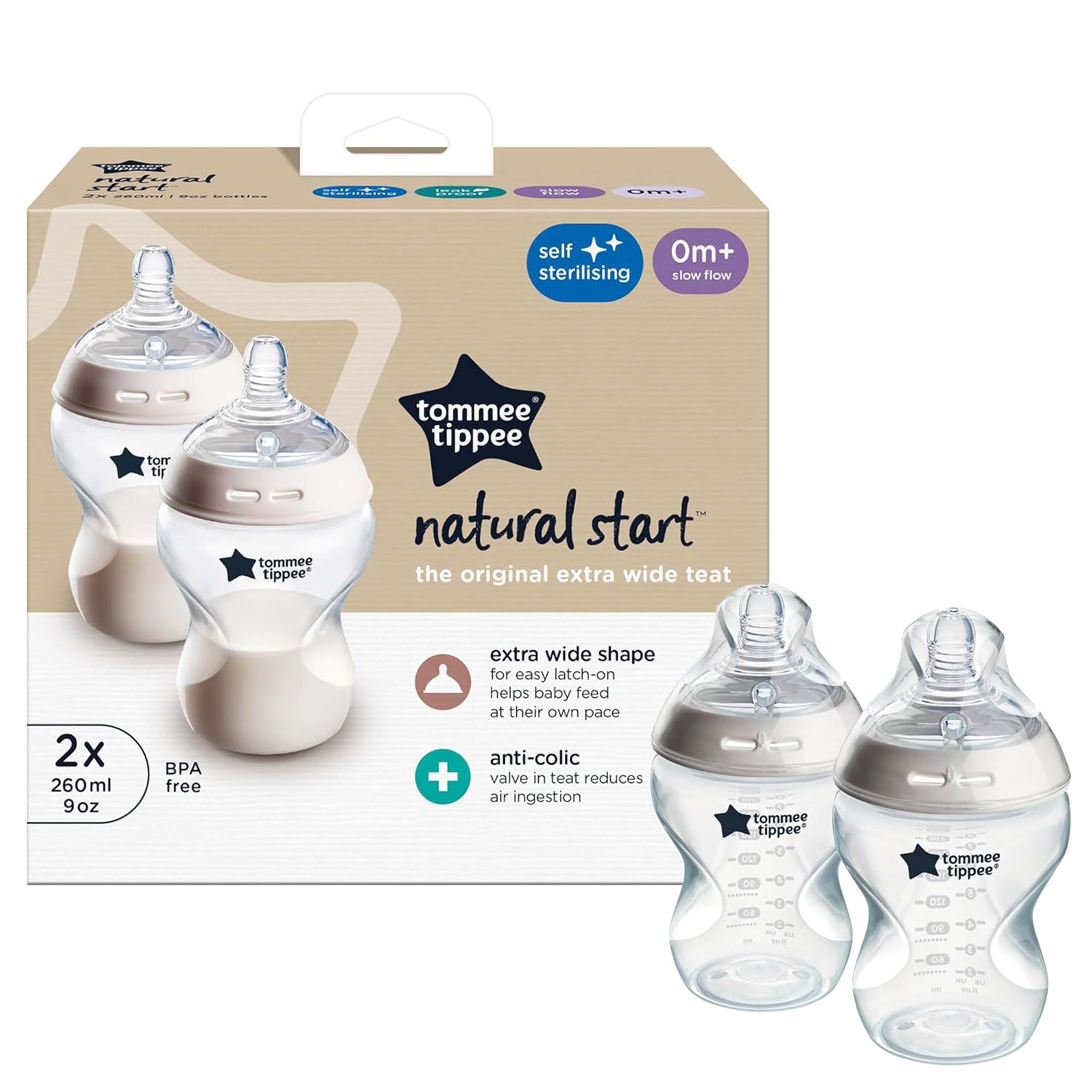 Tommee Tippee Baby Bottles, Natural Start Anti-Colic Baby Bottle with Slow Flow Breast-Like Teat, 260ml, 0m+, Self-Sterilising, Baby Feeding Essentials, Pink & Blue, Pack of 2