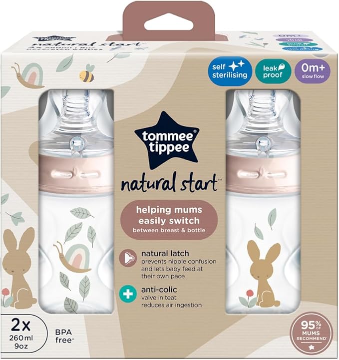 Tommee Tippee Baby Bottles, Natural Start Anti-Colic Baby Bottle with Slow Flow Breast-Like Teat, 260ml, 0m+, Self-Sterilising, Baby Feeding Essentials, Pink & Blue, Pack of 2