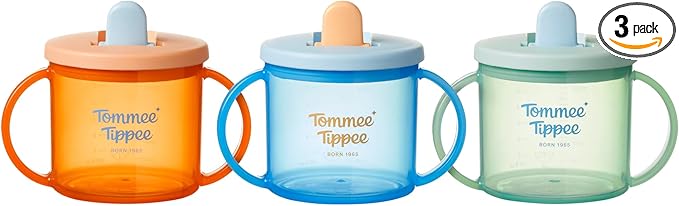 Tommee Tippee First Cup, 190ml, Non-Spill Sippy Cup for Babies 4 Months+, with Free-Flow Flip-Down Spout and Easy to Hold Handles, Orange, Blue and Green