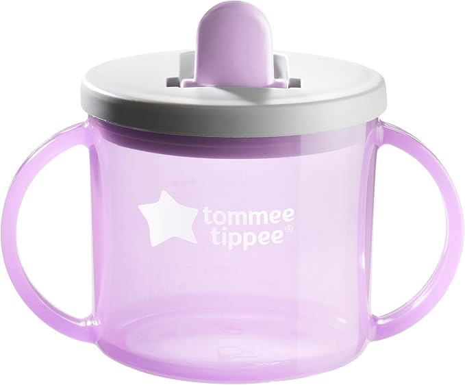 Tommee Tippee First Cup, 190ml, Non-Spill Sippy Cup for Babies 4 Months+, with Free-Flow Flip-Down Spout and Easy to Hold Handles, Orange, Blue and Green