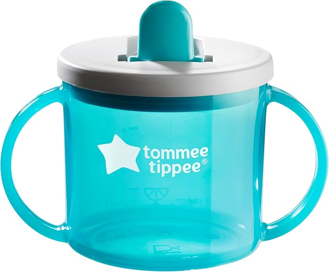 Tommee Tippee First Cup, 190ml, Non-Spill Sippy Cup for Babies 4 Months+, with Free-Flow Flip-Down Spout and Easy to Hold Handles, Orange, Blue and Green