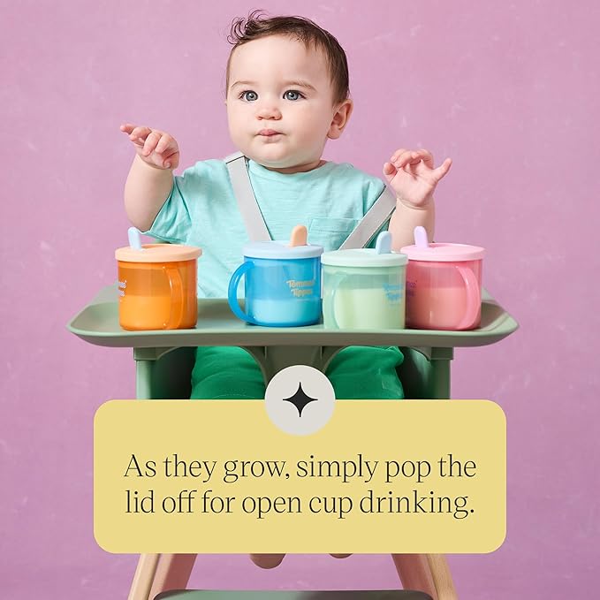 Tommee Tippee First Cup, 190ml, Non-Spill Sippy Cup for Babies 4 Months+, with Free-Flow Flip-Down Spout and Easy to Hold Handles, Orange, Blue and Green