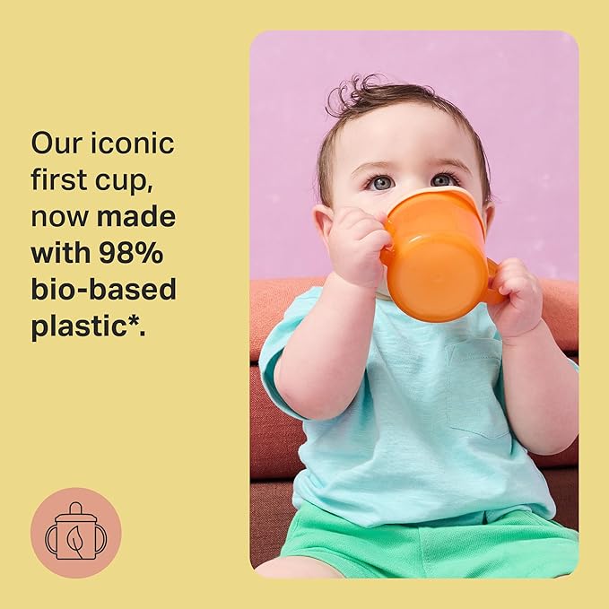 Tommee Tippee First Cup, 190ml, Non-Spill Sippy Cup for Babies 4 Months+, with Free-Flow Flip-Down Spout and Easy to Hold Handles, Orange, Blue and Green