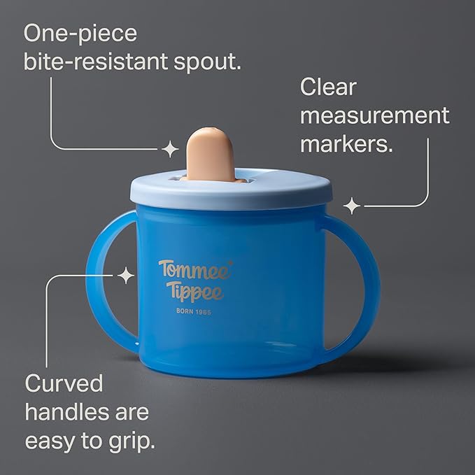 Tommee Tippee First Cup, 190ml, Non-Spill Sippy Cup for Babies 4 Months+, with Free-Flow Flip-Down Spout and Easy to Hold Handles, Orange, Blue and Green