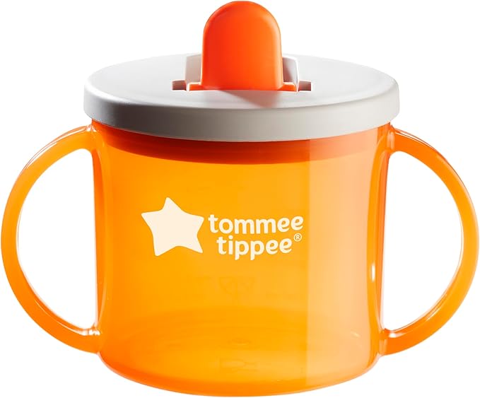 Tommee Tippee First Cup, 190ml, Non-Spill Sippy Cup for Babies 4 Months+, with Free-Flow Flip-Down Spout and Easy to Hold Handles, Orange, Blue and Green
