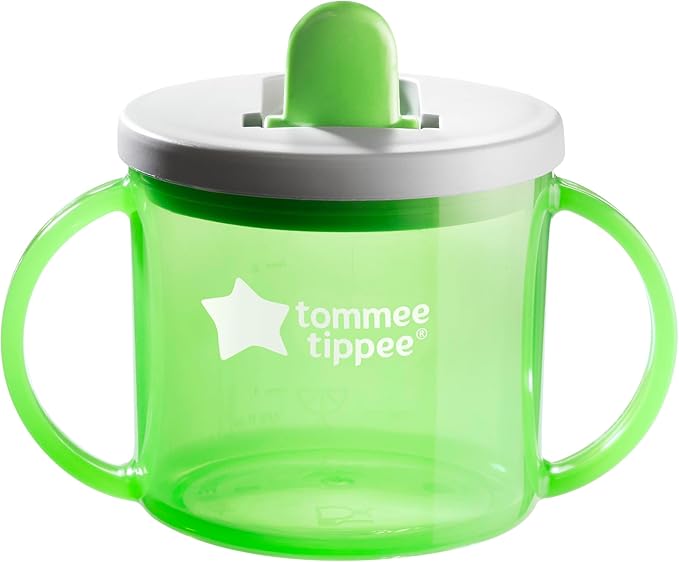 Tommee Tippee First Cup, 190ml, Non-Spill Sippy Cup for Babies 4 Months+, with Free-Flow Flip-Down Spout and Easy to Hold Handles, Orange, Blue and Green