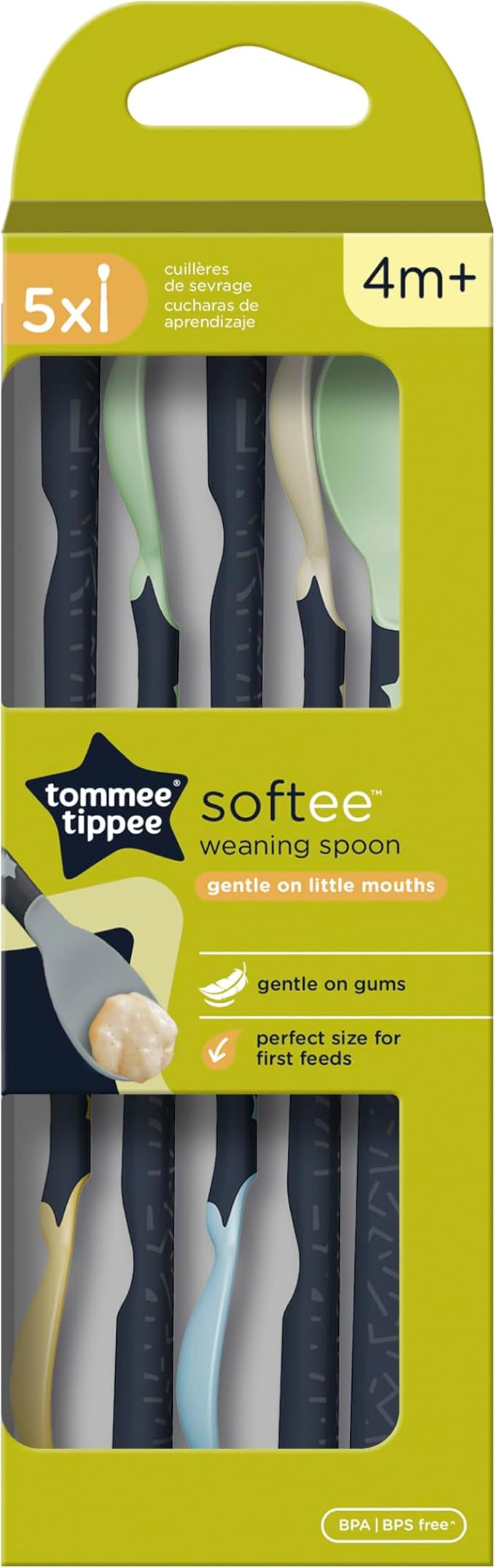Tommee Tippee Softee Weaning Spoons 5-Pack - Soft Tips, Long Handles with BACSHIELD - BPA-Free Baby Feeding Spoons