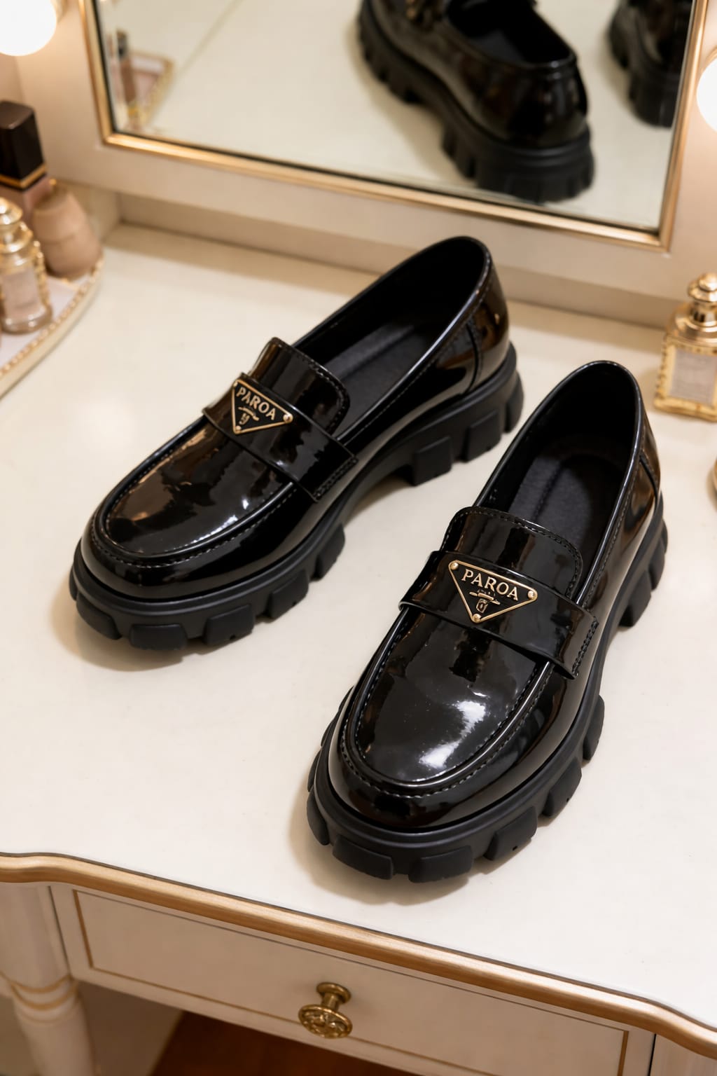 Trendy Black Patent Leather Loafers with Chunky Sole – Elegant Slip-On Shoes