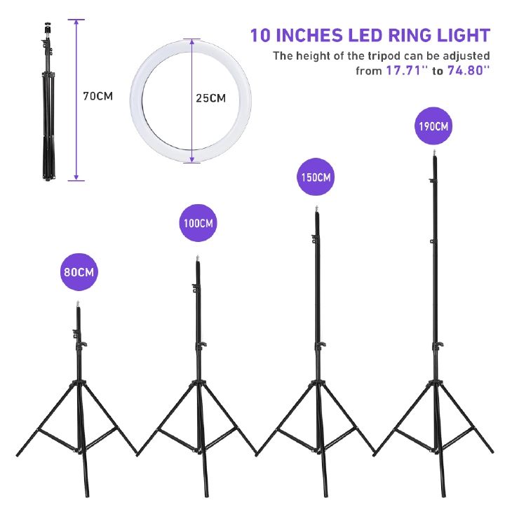 10 Inch Professional LED Ring Light with 1.9M Adjustable Tripod Stand USB Powered 3 Color Modes 10 Brightness Levels Lighting Kit for Makeup YouTube TikTok Live Streaming – Black