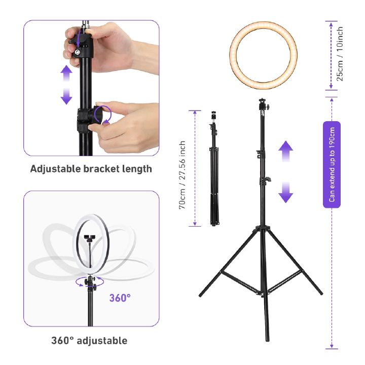 10 Inch Professional LED Ring Light with 1.9M Adjustable Tripod Stand USB Powered 3 Color Modes 10 Brightness Levels Lighting Kit for Makeup YouTube TikTok Live Streaming – Black