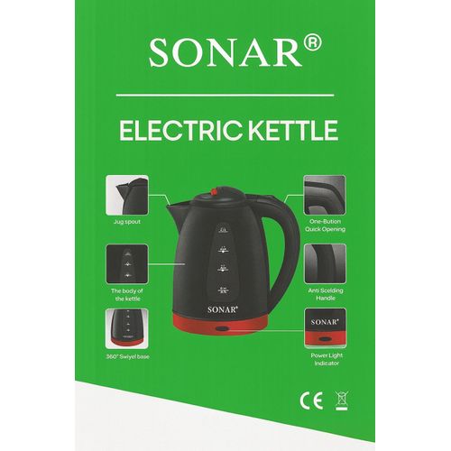 Sonar P2 Electric Kettle 2L 1500W – Fast Boil Cordless Kettle with Auto Shut-Off & 360° Swivel Base