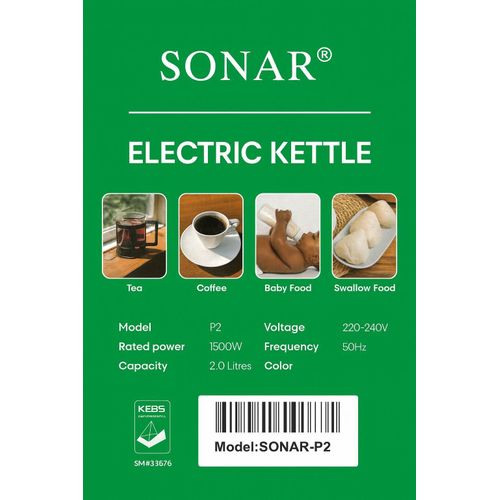 Sonar P2 Electric Kettle 2L 1500W – Fast Boil Cordless Kettle with Auto Shut-Off & 360° Swivel Base