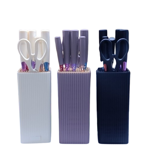 7-Piece Stainless Steel Kitchen Knife Set with Storage Holder – Chef Knife, Bread Knife, Utility Knife, Fruit Knife, Vegetable Knife & Kitchen Scissors, Modern Countertop Knife Block Set