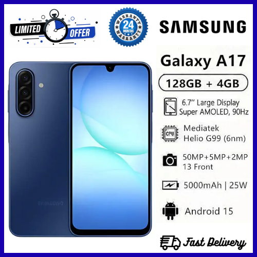 LIMITED OFFERS!!! BRAND NEW SAMSUNG GALAXY A17Smart Phones   128GB/256GB+4GB/6GB/8GB 6.7" Super AMOLED Display 50MP Triple Camera Android 15 IP54 Waterproof 5000mAh 25W Type-C Charge AI 
SKU ID: