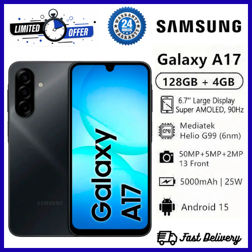 LIMITED OFFERS!!! BRAND NEW SAMSUNG GALAXY A17Smart Phones   128GB/256GB+4GB/6GB/8GB 6.7" Super AMOLED Display 50MP Triple Camera Android 15 IP54 Waterproof 5000mAh 25W Type-C Charge AI 
SKU ID: