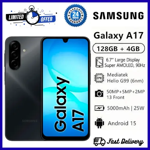 LIMITED OFFERS!!! BRAND NEW SAMSUNG GALAXY A17 128GB/256GB+4GB/6GB/8GB 6.7" Super AMOLED Display 50MP Triple Camera Android 15 IP54 Waterproof 5000mAh 25W Type-C Charge AI Smart Phones 
SKU ID: