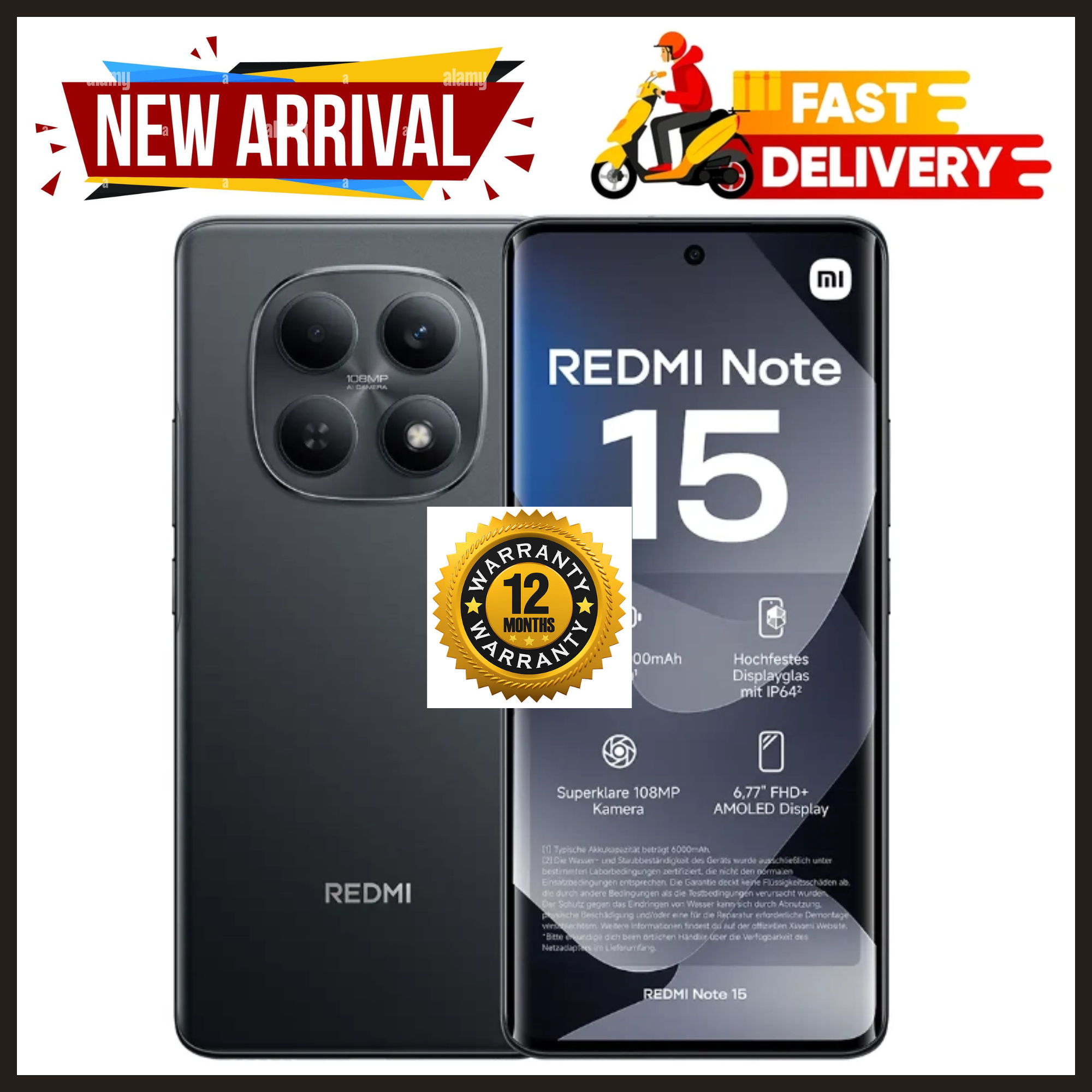 BRAND NEW XIAOMI Redmi Note 15 256GB ROM + 8GB RAM 6.77" 120Hz AMOLED Curved Display 108 MP Rear Camera 20MP Selfie 6000mAh Battery 33W FAST CHARGING On-Screen Fingerprint